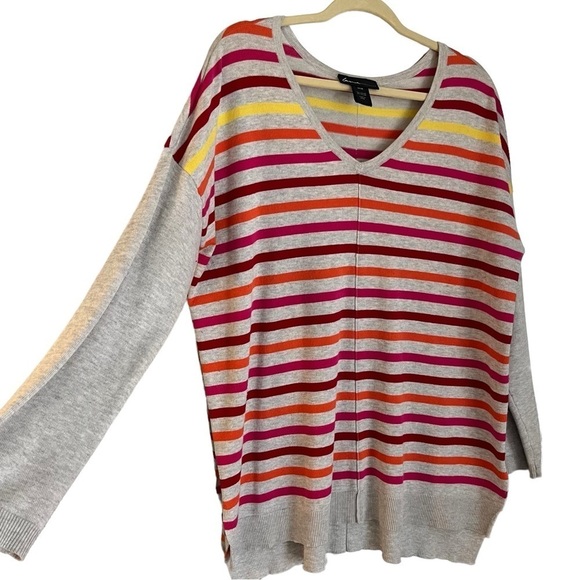 Lane Bryant V-Neck Striped Sweater Gray w/Pink,Red,Orange Stripes Sz 14/16 - Picture 2 of 9